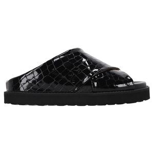 Ganni Croc-Effect Slide Sandals in Black Patent Calf Leather